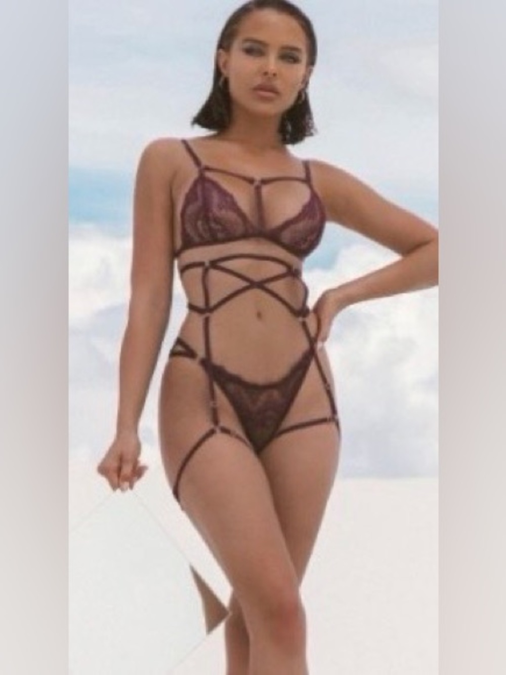 Roma 3-Piece Plum Cage Garter Lingerie Set